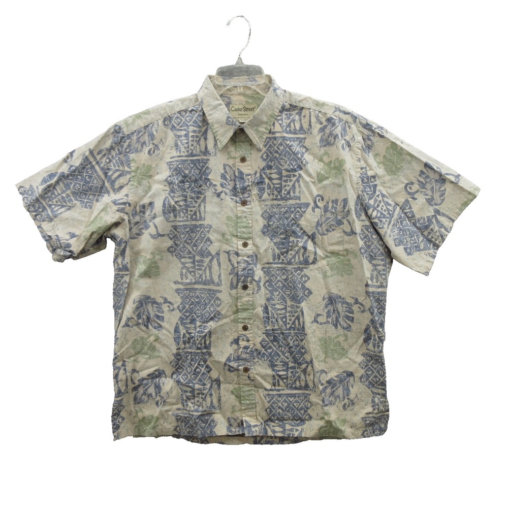 Cooke Street Honolulu Hawaiian Men Button Up Size XL Ivory and Blue Short Sleeve